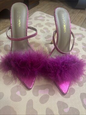 Fashion Nova Hot Pink Feather Strap Heels